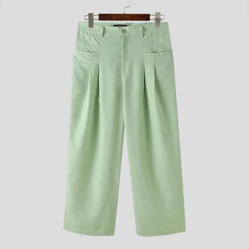(image for) INCERUN Mens Solid Pleated Design Casual Straight Pants Casual Comfortable Wide Legged Long Pant with Pockets
